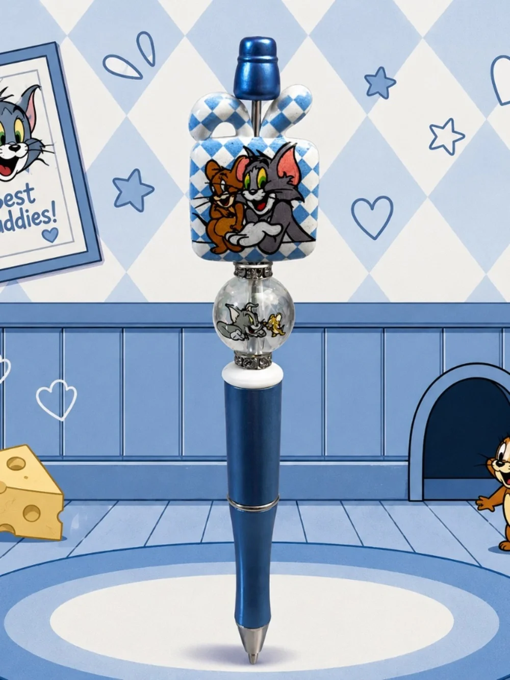 Blue Checkered Cartoon Friends Decorative Pen